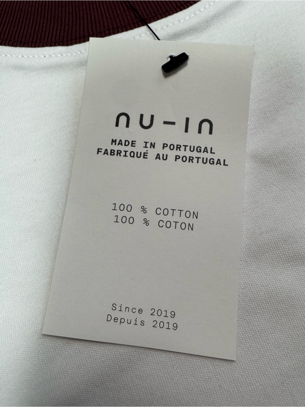 New Nu-In White Short Sleeve Tee With Brown Collar Made In Portugal Size M — image 6 of 8